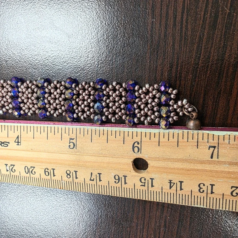 Handmade Beaded Cuff Bracelet Blue Iridescent Crystal Bronze Seed Bead Magnetic